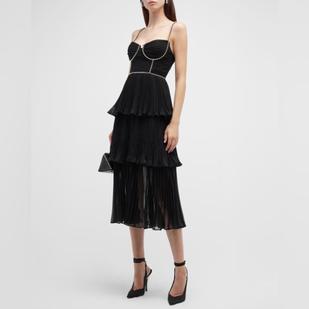 Self-Portrait black pleated diamante crystal bustier tiered midi chiffon dress 6 - Picture 3 of 14